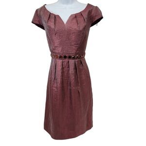 Adrianna Papell Pink Shimmer Dress Short Sleeve Shantung Size 14 Embelished Wais
